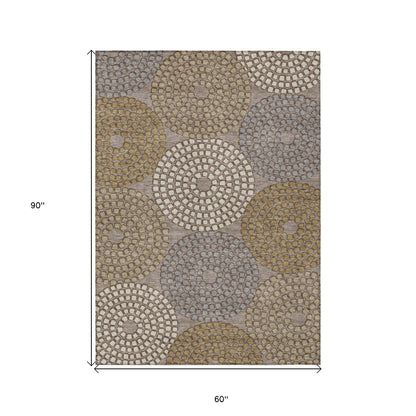 Tabselect Home Line 5' X 8' Taupe Beige And Green Geometric Washable Indoor Outdoor Area Rug