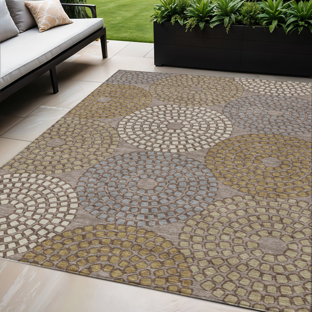 Tabselect Home Line 5' X 8' Taupe Beige And Green Geometric Washable Indoor Outdoor Area Rug