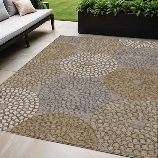 Tabselect Home Line 5' X 8' Taupe Beige And Green Geometric Washable Indoor Outdoor Area Rug