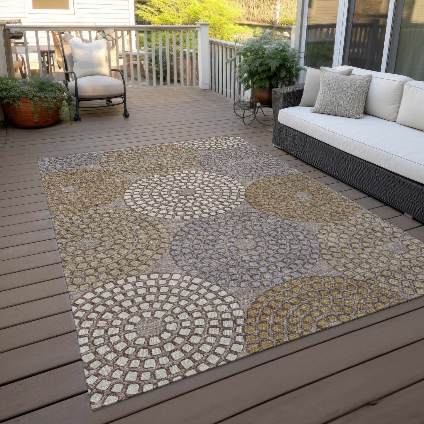 Tabselect Home Line 5' X 8' Taupe Beige And Green Geometric Washable Indoor Outdoor Area Rug