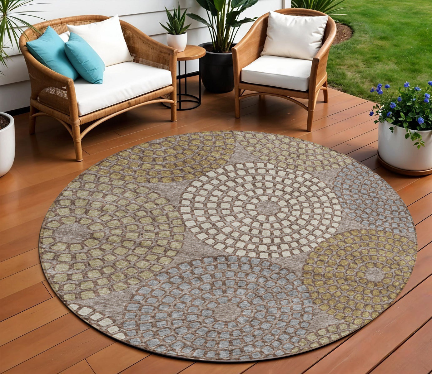 Tabselect Home Line 8' Taupe Beige And Green Round Geometric Washable Indoor Outdoor Area Rug