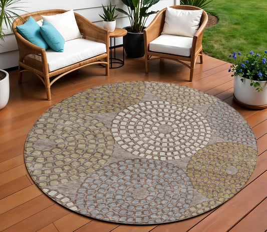 Tabselect Home Line 8' Taupe Beige And Green Round Geometric Washable Indoor Outdoor Area Rug