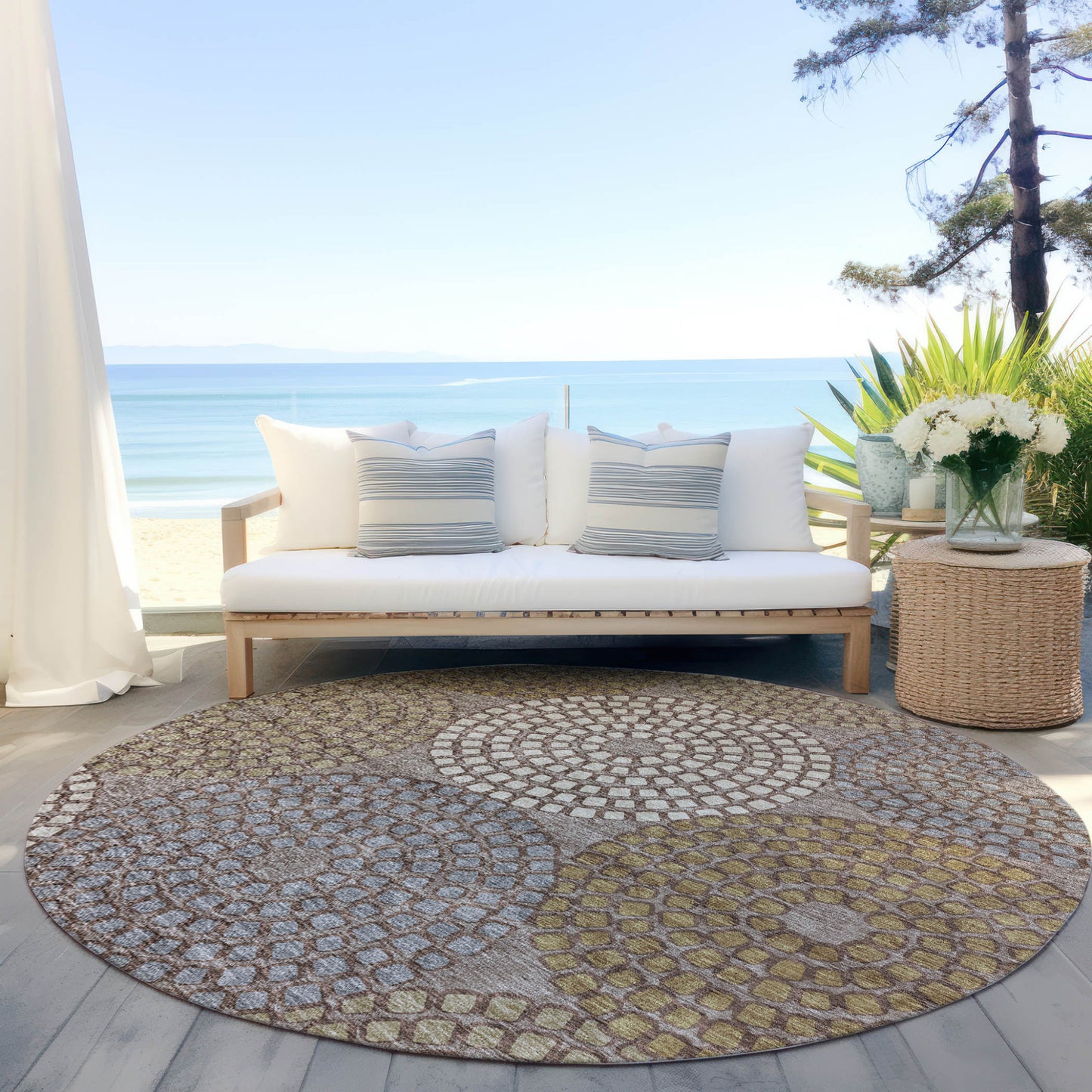 Tabselect Home Line 8' Taupe Beige And Green Round Geometric Washable Indoor Outdoor Area Rug