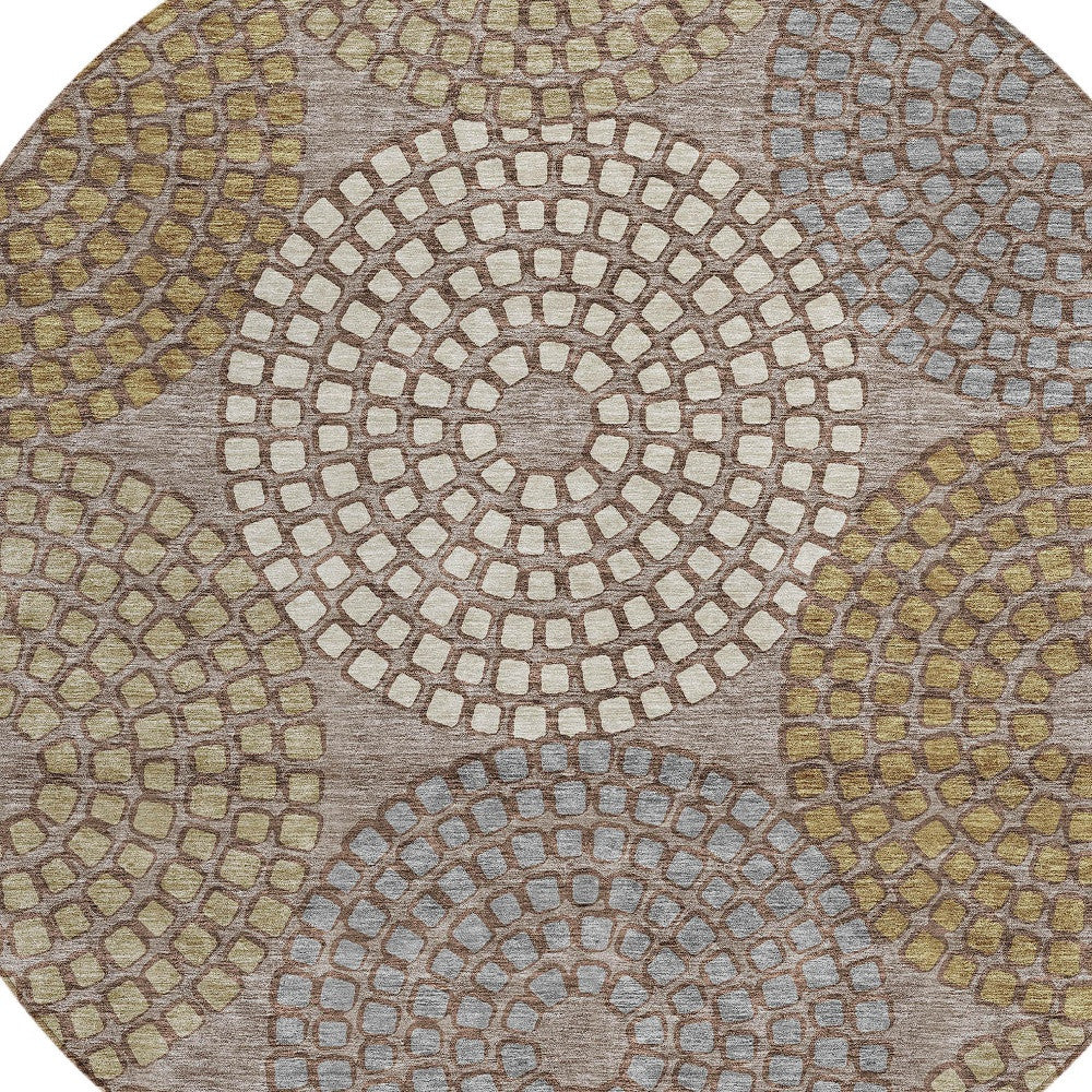 Tabselect Home Line 8' Taupe Beige And Green Round Geometric Washable Indoor Outdoor Area Rug
