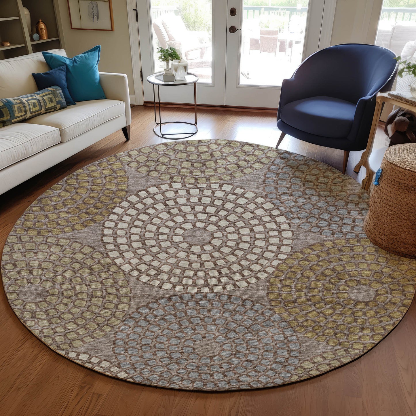 Tabselect Home Line 8' Taupe Beige And Green Round Geometric Washable Indoor Outdoor Area Rug