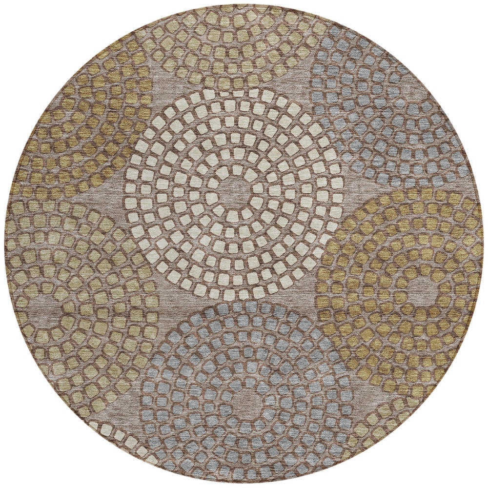 Tabselect Home Line 8' Taupe Beige And Green Round Geometric Washable Indoor Outdoor Area Rug