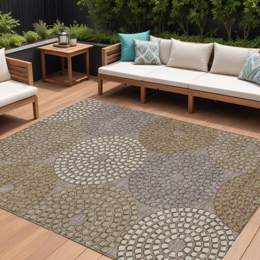 Tabselect Home Line 8' X 10' Taupe Beige And Green Geometric Washable Indoor Outdoor Area Rug