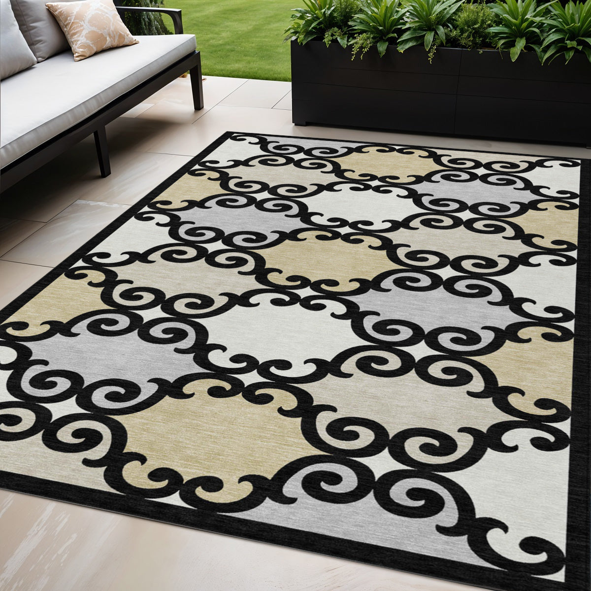 Tabselect Home Line 5' X 8' Black Gray And Ivory Trellis Washable Indoor Outdoor Area Rug