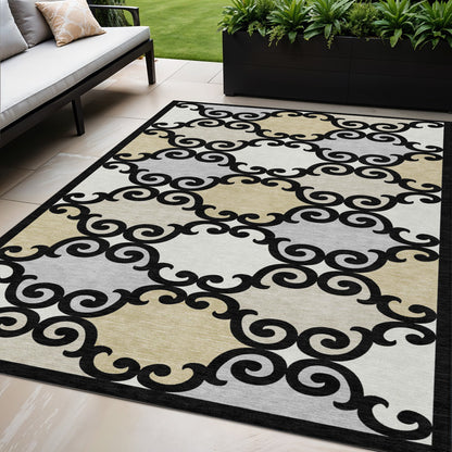 Tabselect Home Line 5' X 8' Black Gray And Ivory Trellis Washable Indoor Outdoor Area Rug