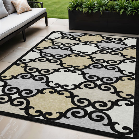 Tabselect Home Line 5' X 8' Black Gray And Ivory Trellis Washable Indoor Outdoor Area Rug