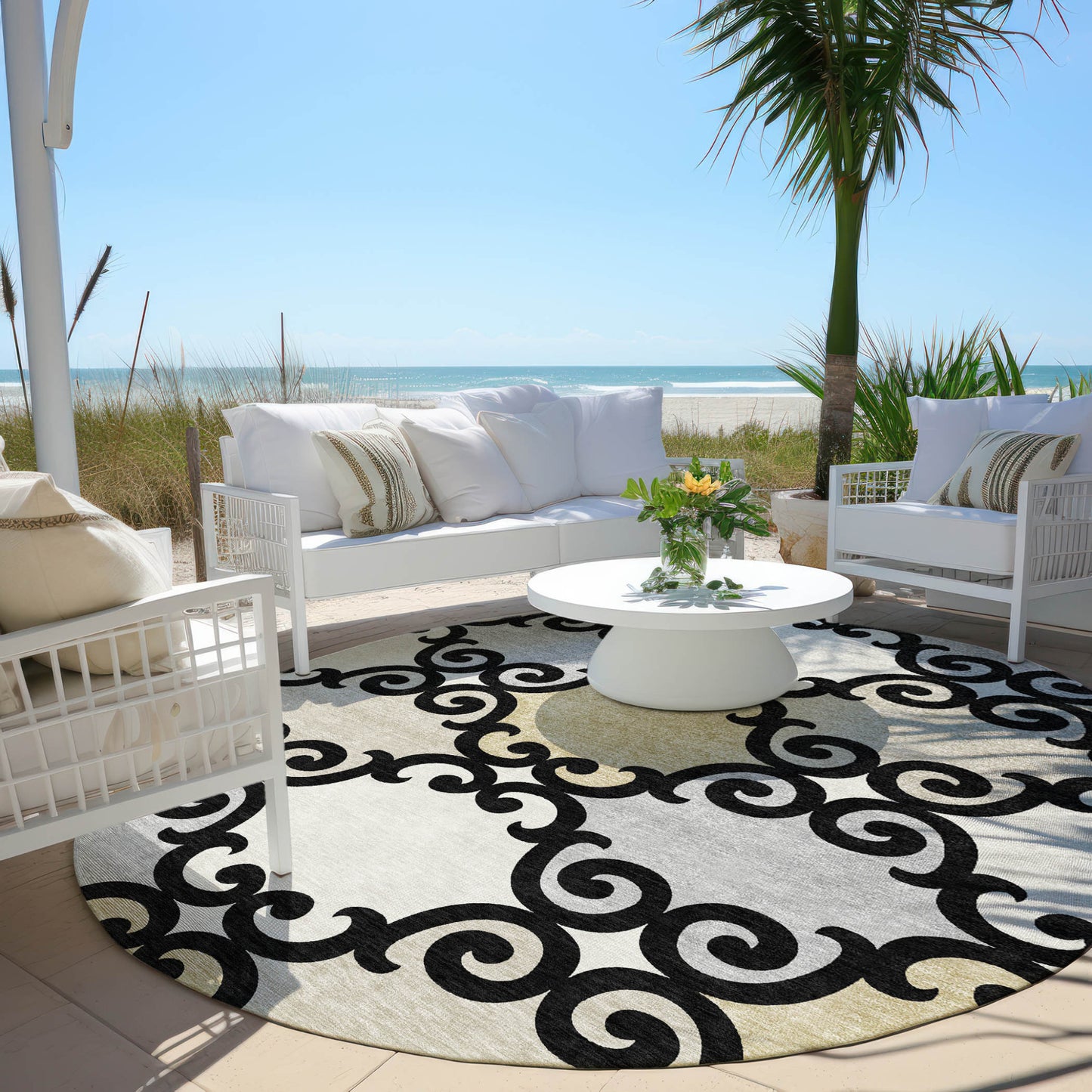 Tabselect Home Line 8' Black Gray And Ivory Round Trellis Washable Indoor Outdoor Area Rug