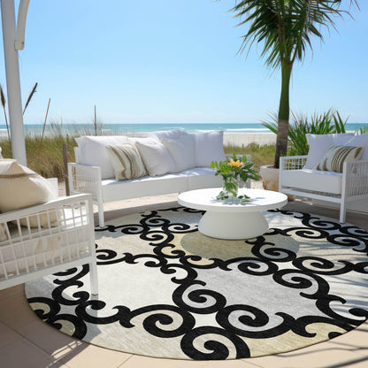 Tabselect Home Line 8' Black Gray And Ivory Round Trellis Washable Indoor Outdoor Area Rug