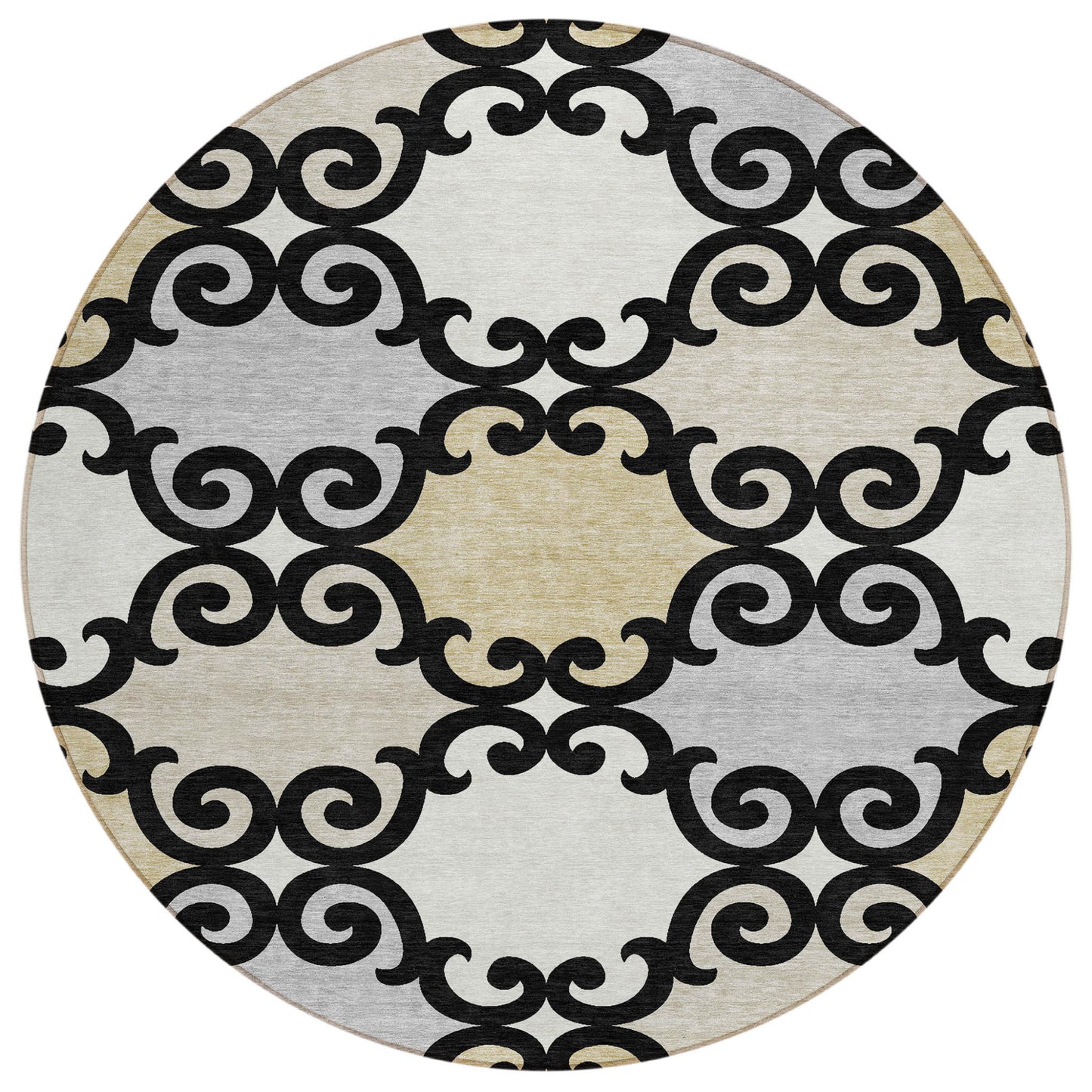 Tabselect Home Line 8' Black Gray And Ivory Round Trellis Washable Indoor Outdoor Area Rug