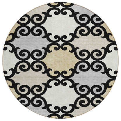 Tabselect Home Line 8' Black Gray And Ivory Round Trellis Washable Indoor Outdoor Area Rug
