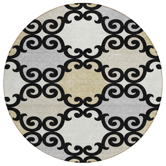 Tabselect Home Line 8' Black Gray And Ivory Round Trellis Washable Indoor Outdoor Area Rug
