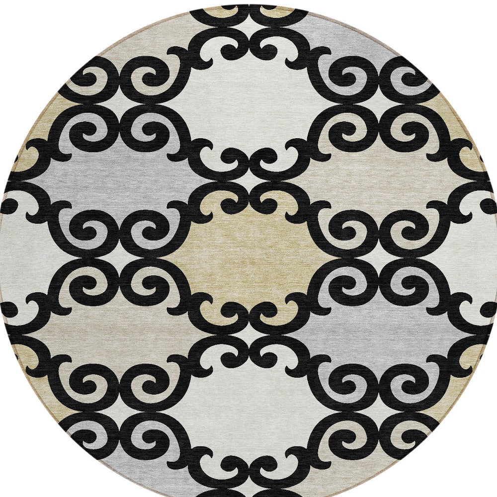 Tabselect Home Line 8' Black Gray And Ivory Round Trellis Washable Indoor Outdoor Area Rug