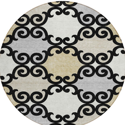 Tabselect Home Line 8' Black Gray And Ivory Round Trellis Washable Indoor Outdoor Area Rug