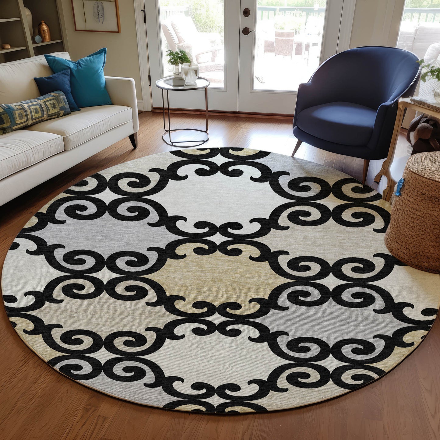 Tabselect Home Line 8' Black Gray And Ivory Round Trellis Washable Indoor Outdoor Area Rug