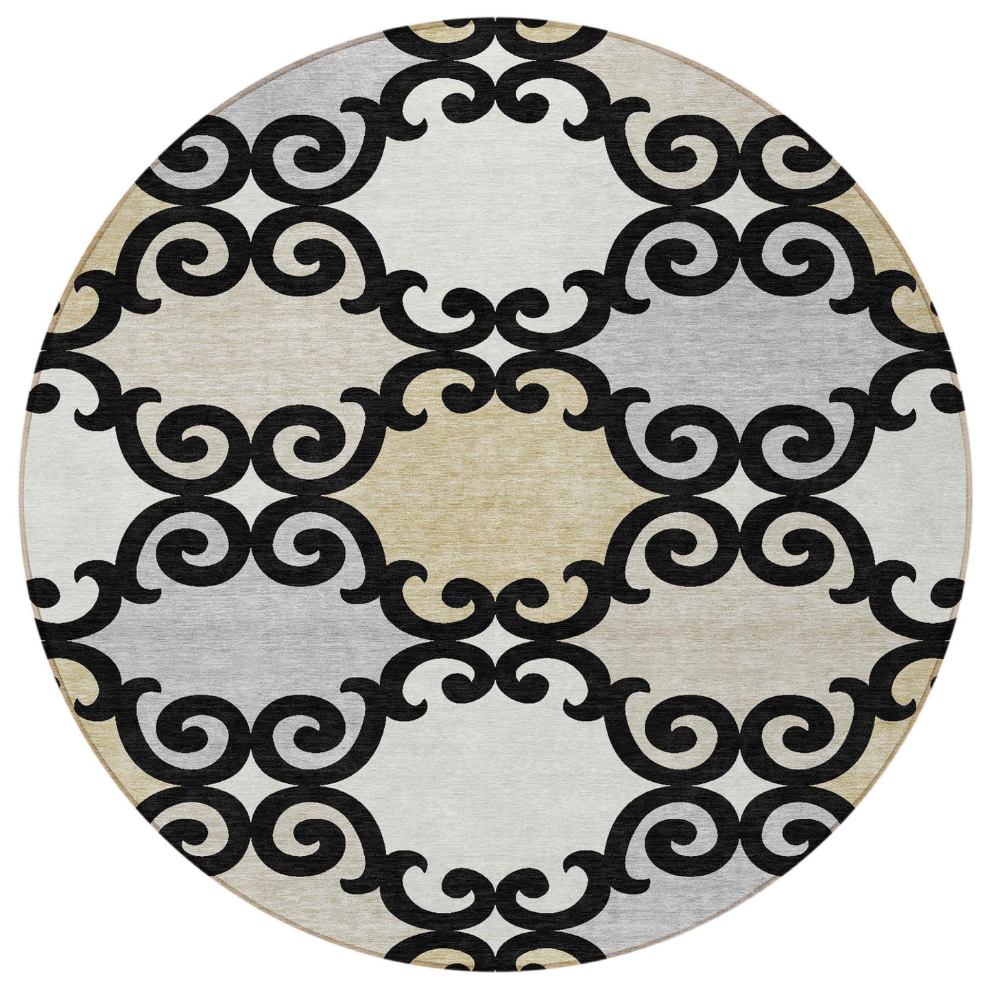 Tabselect Home Line 8' Black Gray And Ivory Round Trellis Washable Indoor Outdoor Area Rug
