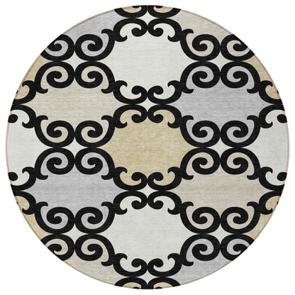 Tabselect Home Line 8' Black Gray And Ivory Round Trellis Washable Indoor Outdoor Area Rug