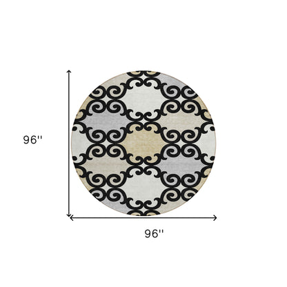 Tabselect Home Line 8' Black Gray And Ivory Round Trellis Washable Indoor Outdoor Area Rug