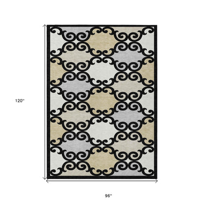 Tabselect Home Line 8' X 10' Black Gray And Ivory Trellis Washable Indoor Outdoor Area Rug