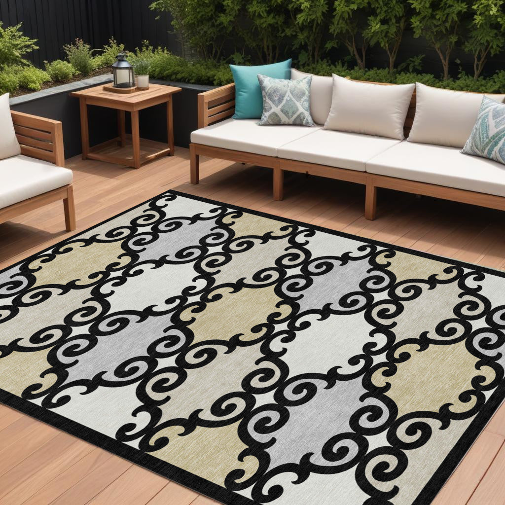 Tabselect Home Line 8' X 10' Black Gray And Ivory Trellis Washable Indoor Outdoor Area Rug