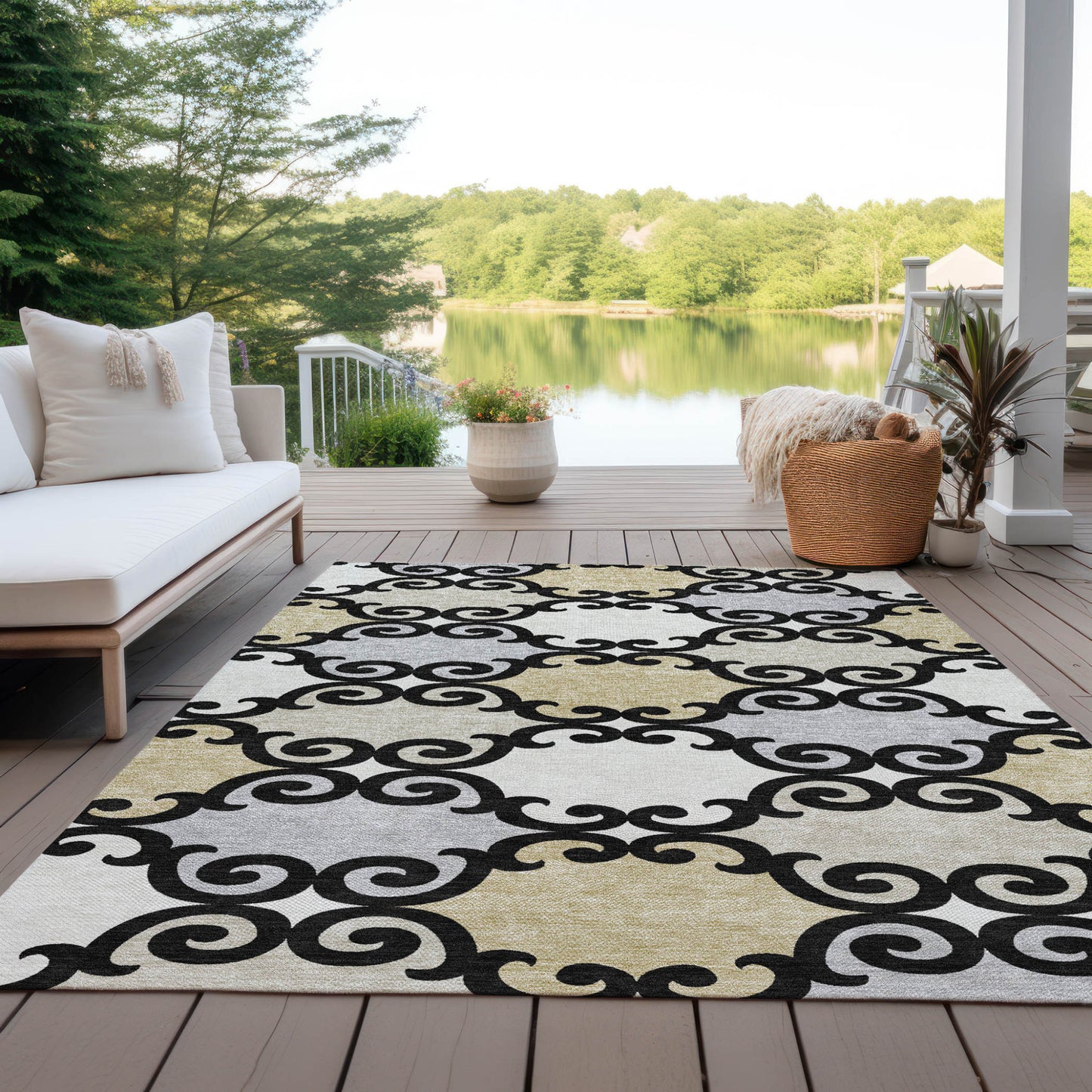 Tabselect Home Line 8' X 10' Black Gray And Ivory Trellis Washable Indoor Outdoor Area Rug