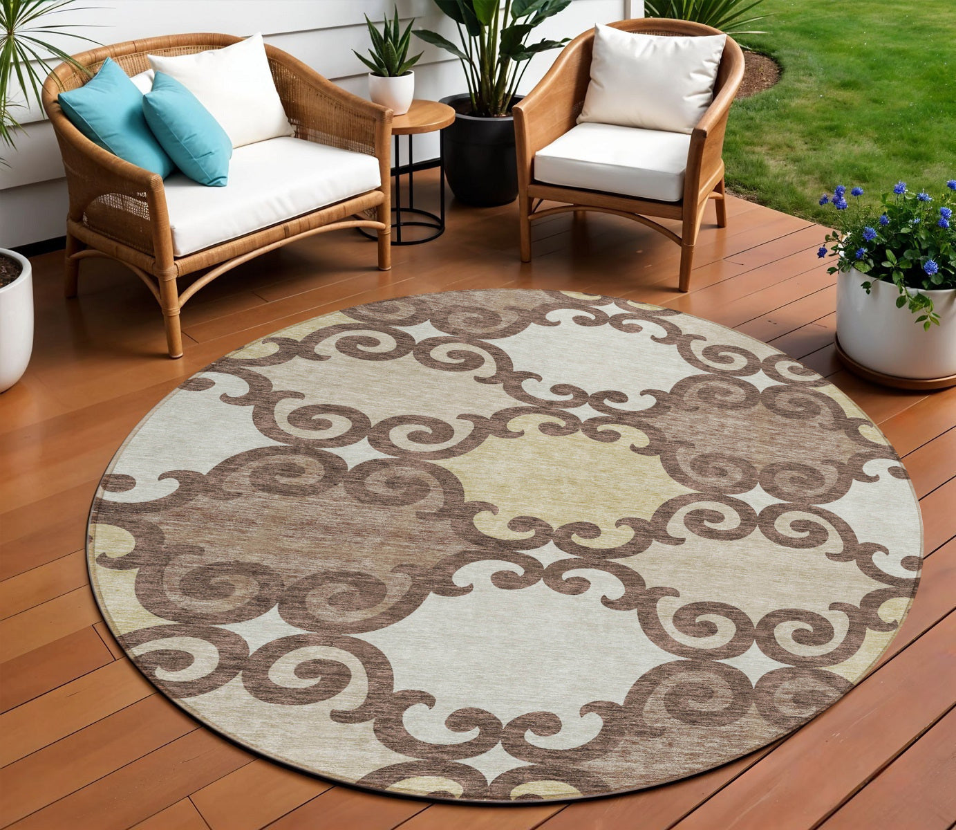 Tabselect Home Line 8' Brown And Beige Round Trellis Washable Indoor Outdoor Area Rug