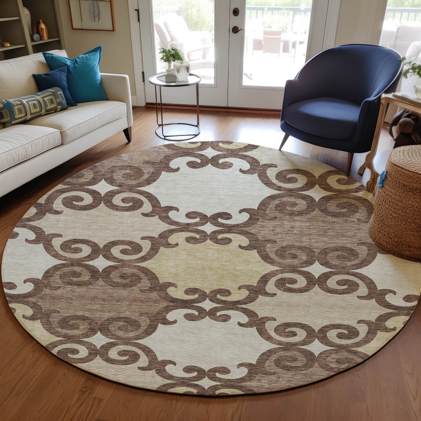 Tabselect Home Line 8' Brown And Beige Round Trellis Washable Indoor Outdoor Area Rug