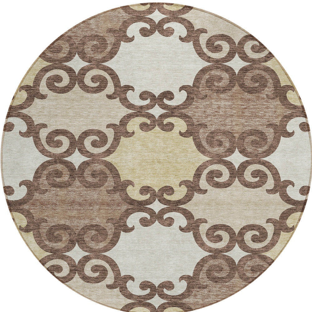 Tabselect Home Line 8' Brown And Beige Round Trellis Washable Indoor Outdoor Area Rug