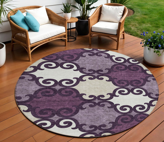 Tabselect Home Line 8' Eggplant And Ivory Round Trellis Washable Indoor Outdoor Area Rug