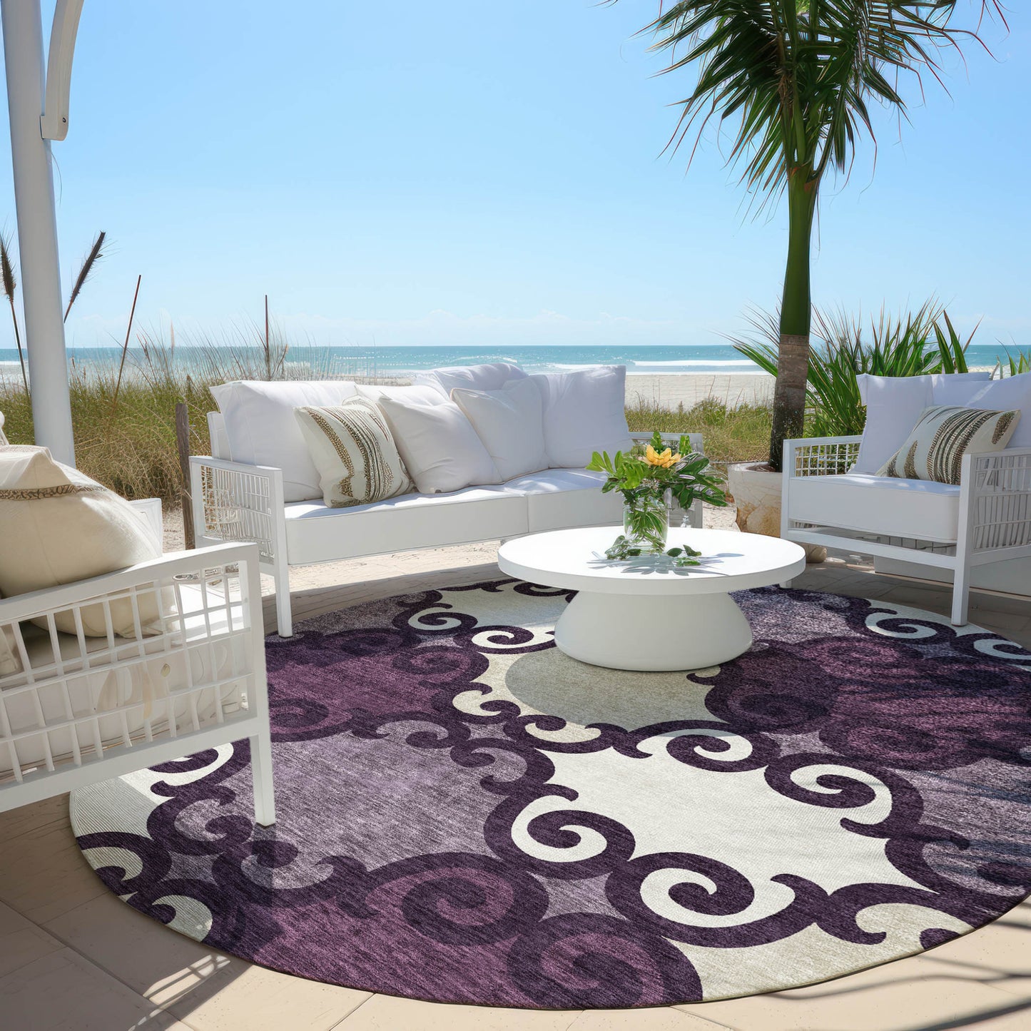 Tabselect Home Line 8' Eggplant And Ivory Round Trellis Washable Indoor Outdoor Area Rug