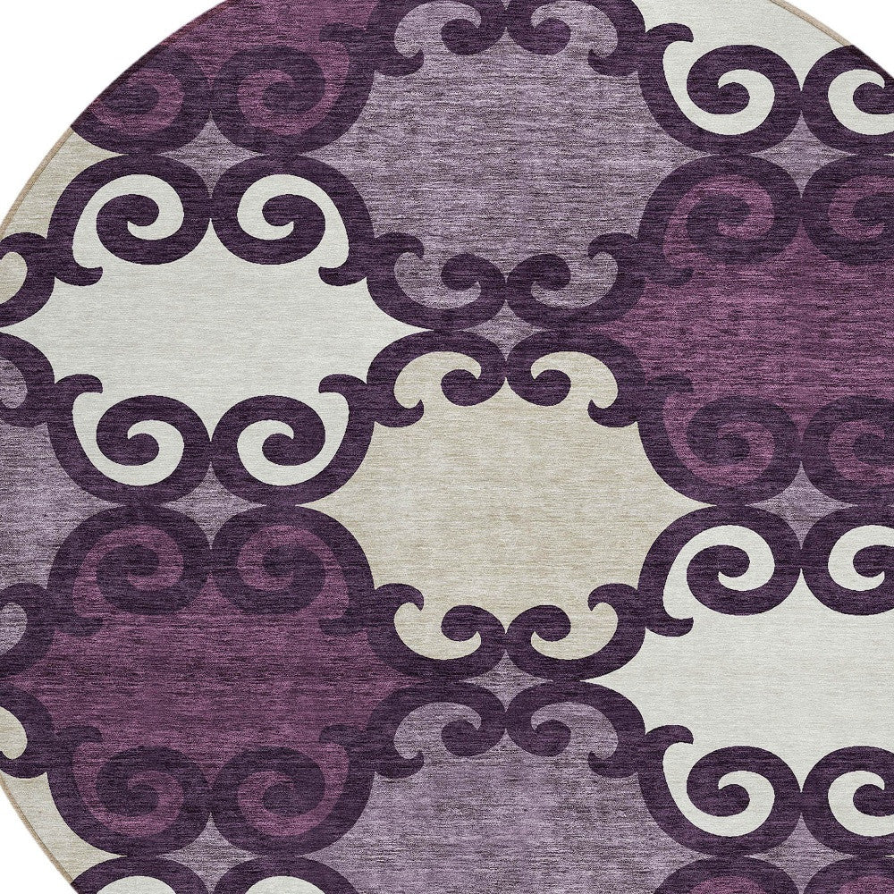 Tabselect Home Line 8' Eggplant And Ivory Round Trellis Washable Indoor Outdoor Area Rug