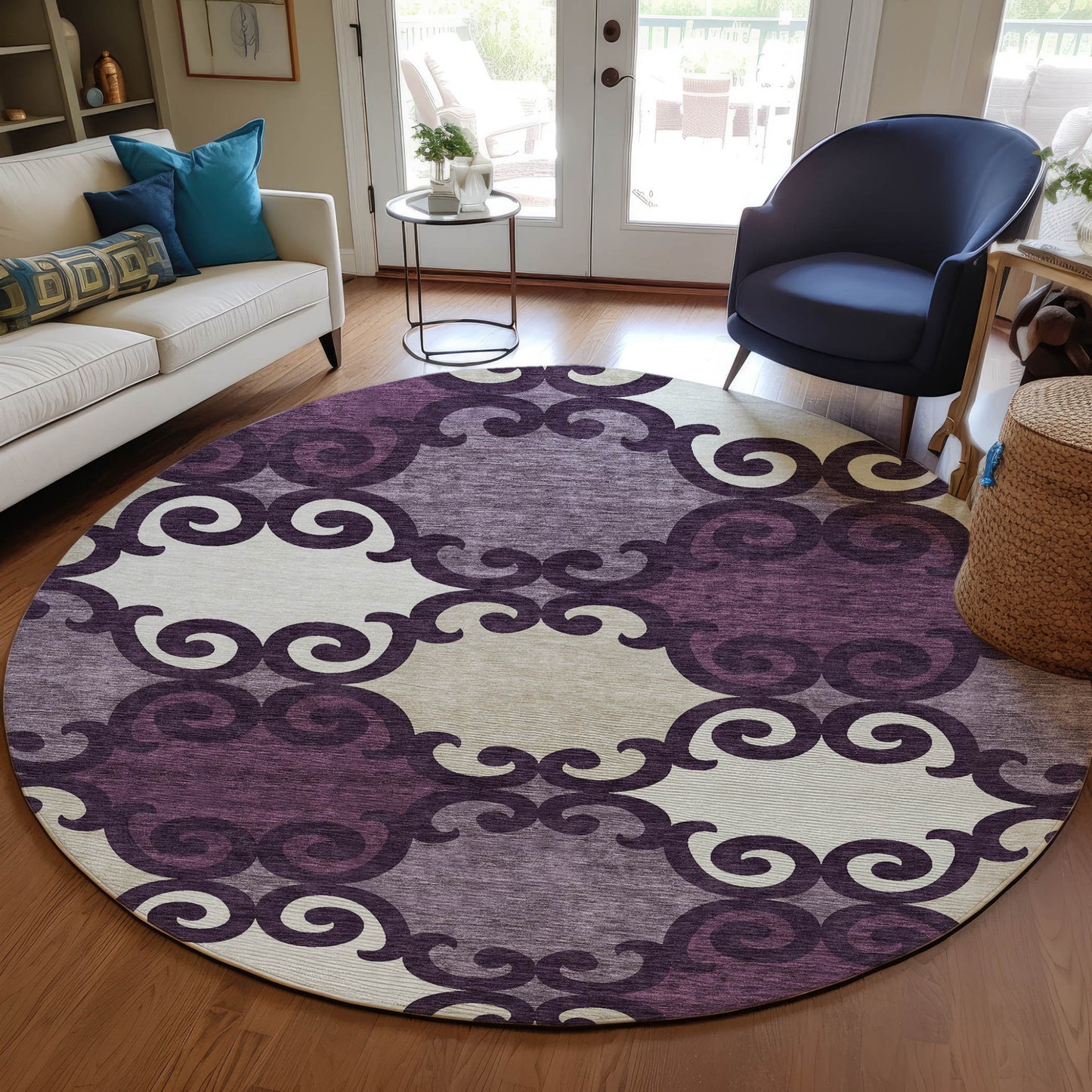 Tabselect Home Line 8' Eggplant And Ivory Round Trellis Washable Indoor Outdoor Area Rug