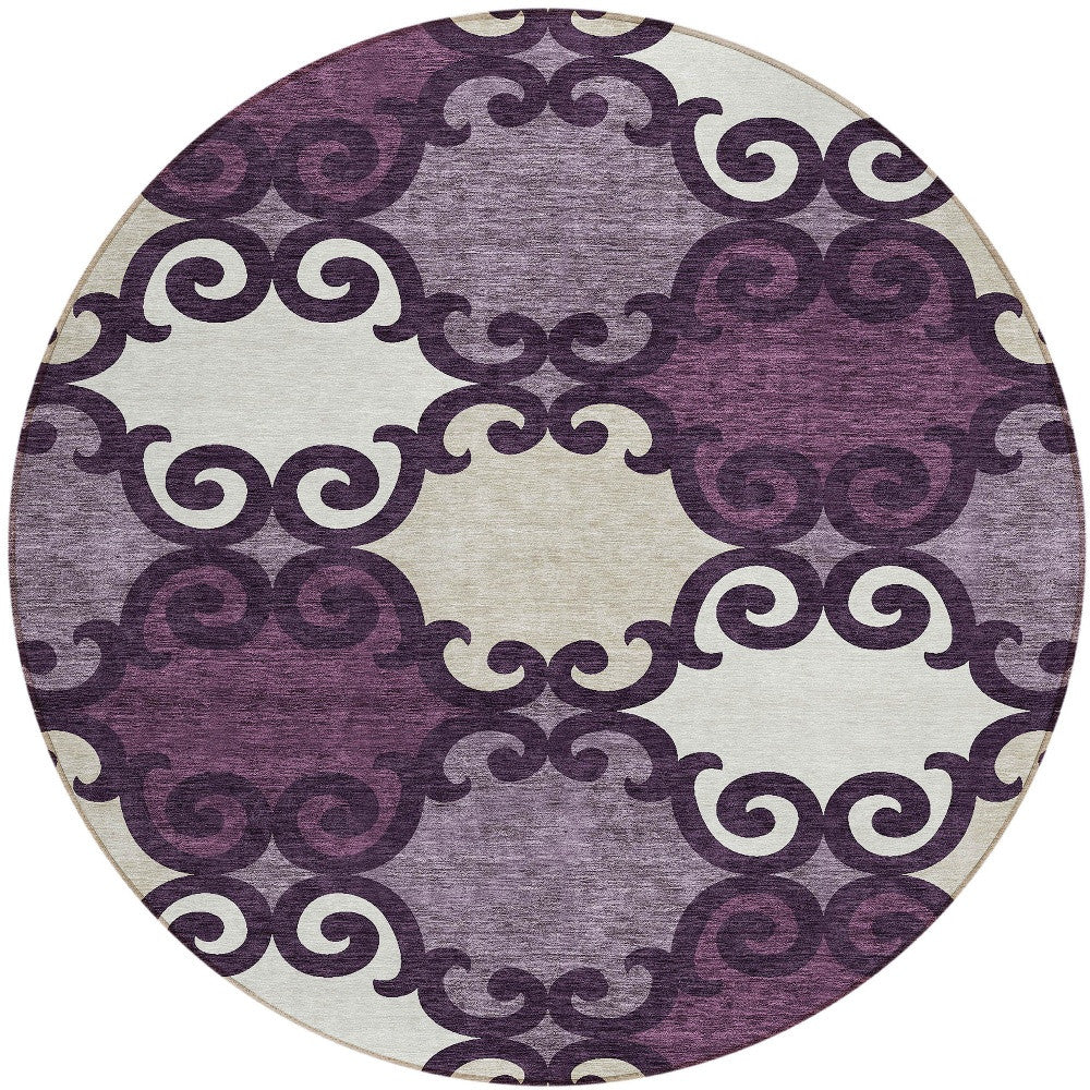 Tabselect Home Line 8' Eggplant And Ivory Round Trellis Washable Indoor Outdoor Area Rug