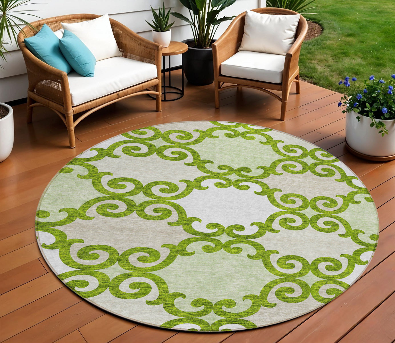 Tabselect Home Line 8' Lime Green And Ivory Round Trellis Washable Indoor Outdoor Area Rug