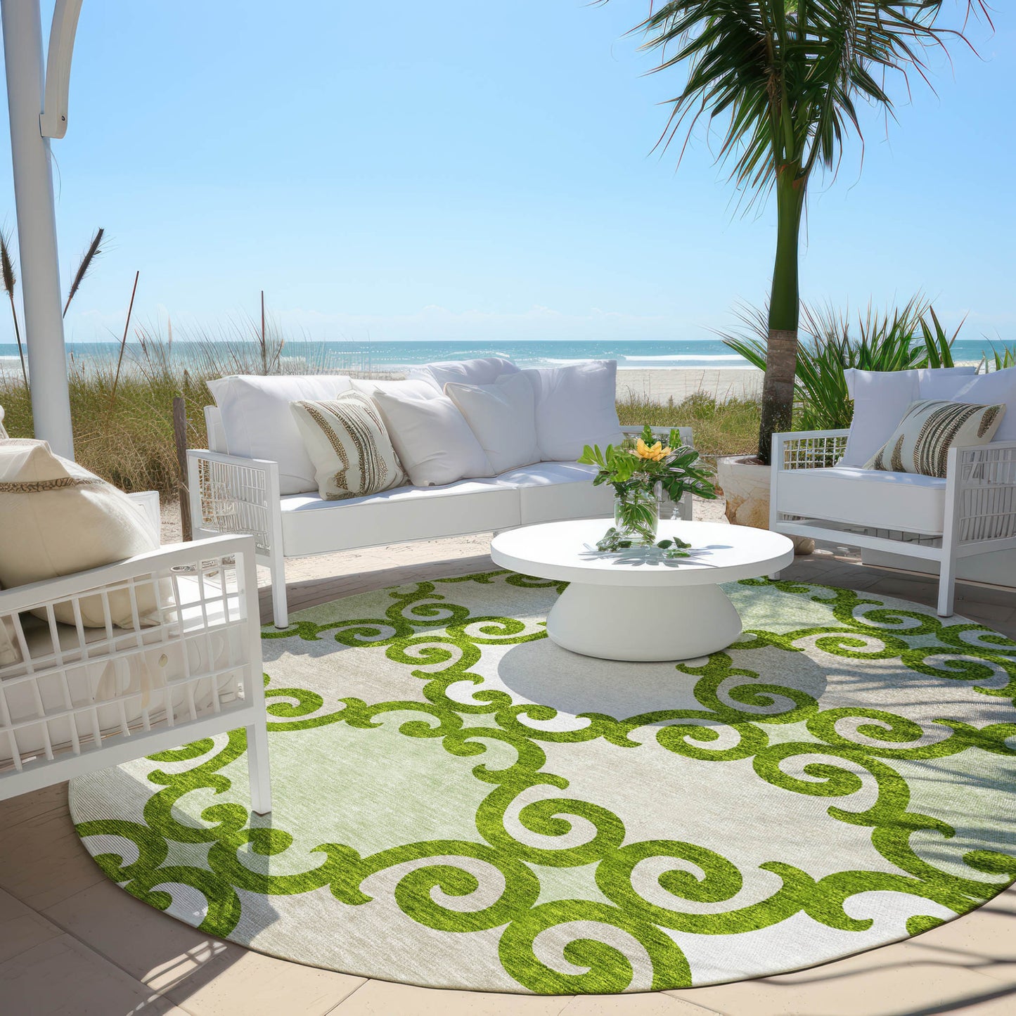 Tabselect Home Line 8' Lime Green And Ivory Round Trellis Washable Indoor Outdoor Area Rug