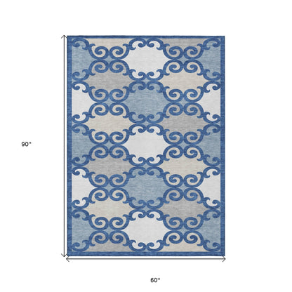 Tabselect Home Line 5' X 8' Navy Blue Gray And Ivory Trellis Washable Indoor Outdoor Area Rug