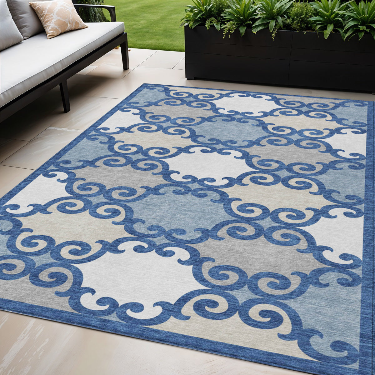 Tabselect Home Line 5' X 8' Navy Blue Gray And Ivory Trellis Washable Indoor Outdoor Area Rug