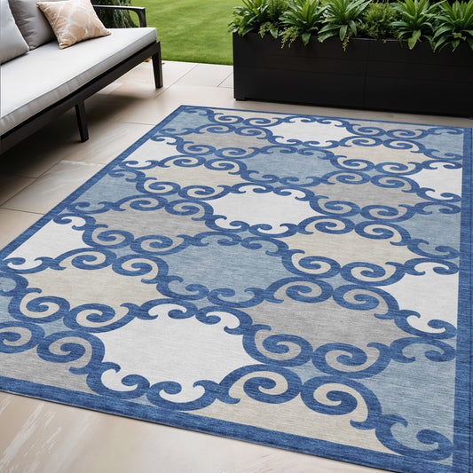 Tabselect Home Line 5' X 8' Navy Blue Gray And Ivory Trellis Washable Indoor Outdoor Area Rug