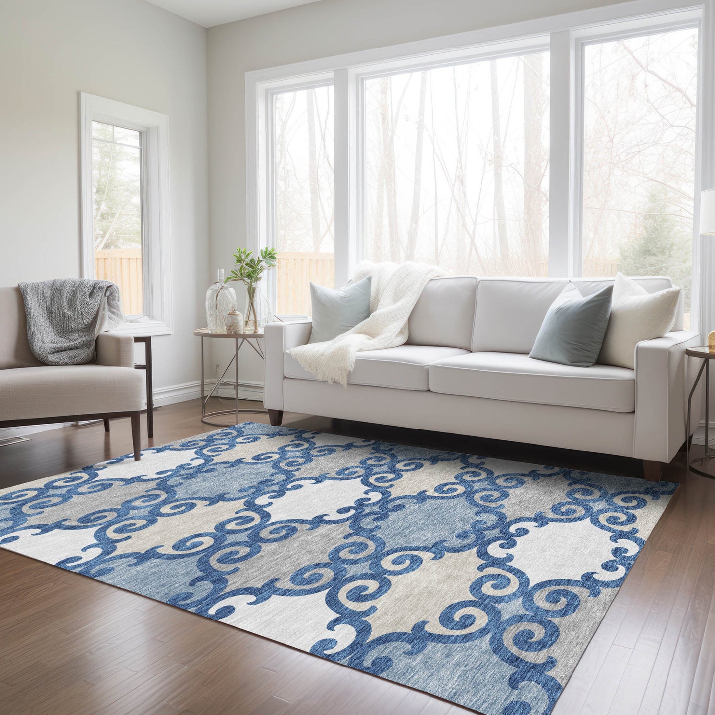 Tabselect Home Line 5' X 8' Navy Blue Gray And Ivory Trellis Washable Indoor Outdoor Area Rug