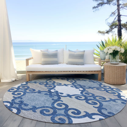 Tabselect Home Line 8' Navy Blue Gray And Ivory Round Trellis Washable Indoor Outdoor Area Rug