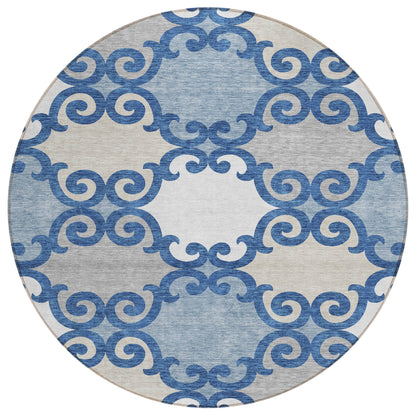 Tabselect Home Line 8' Navy Blue Gray And Ivory Round Trellis Washable Indoor Outdoor Area Rug