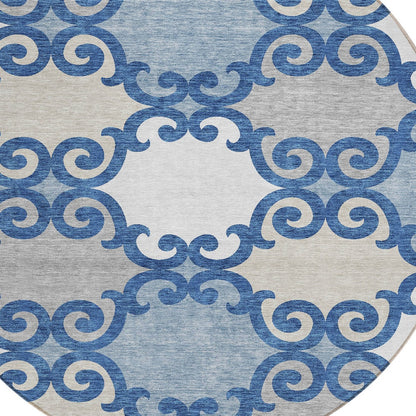 Tabselect Home Line 8' Navy Blue Gray And Ivory Round Trellis Washable Indoor Outdoor Area Rug