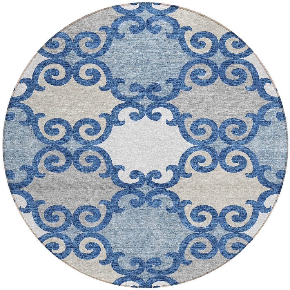 Tabselect Home Line 8' Navy Blue Gray And Ivory Round Trellis Washable Indoor Outdoor Area Rug