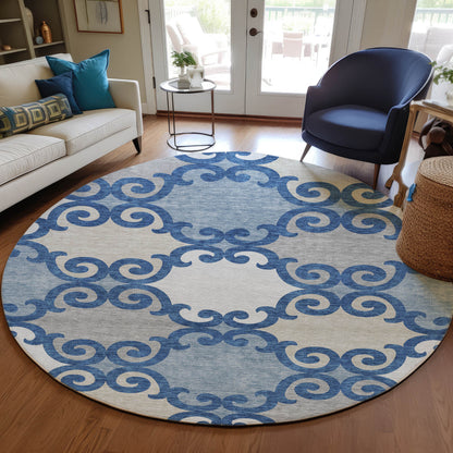 Tabselect Home Line 8' Navy Blue Gray And Ivory Round Trellis Washable Indoor Outdoor Area Rug