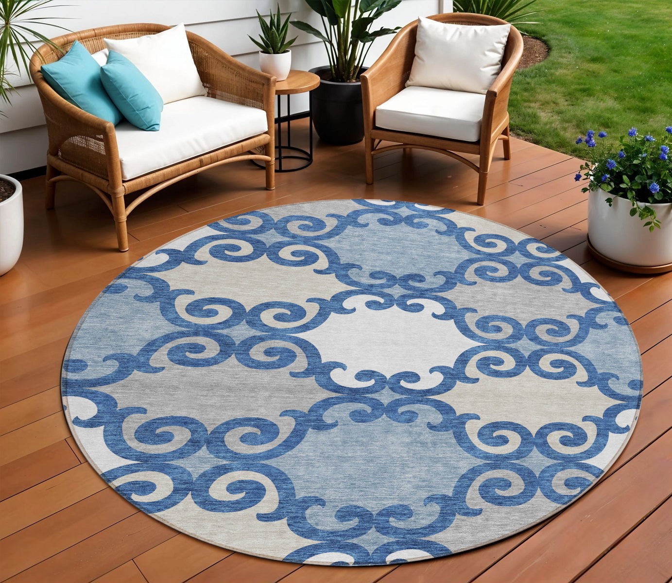 Tabselect Home Line 8' Navy Blue Gray And Ivory Round Trellis Washable Indoor Outdoor Area Rug