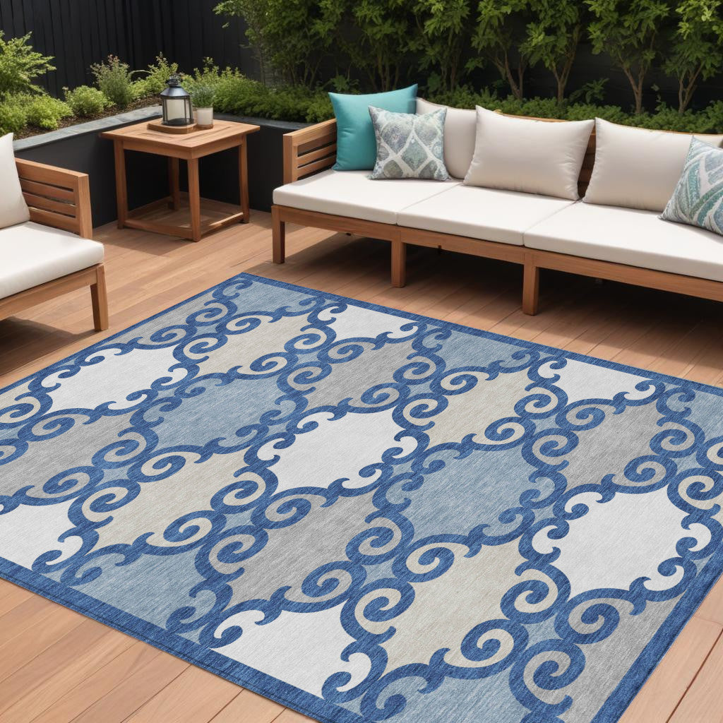 Tabselect Home Line 8' X 10' Navy Blue Gray And Ivory Trellis Washable Indoor Outdoor Area Rug