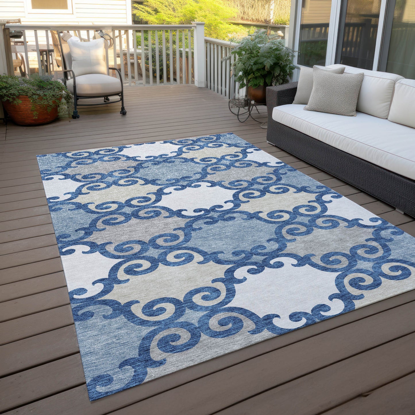Tabselect Home Line 8' X 10' Navy Blue Gray And Ivory Trellis Washable Indoor Outdoor Area Rug